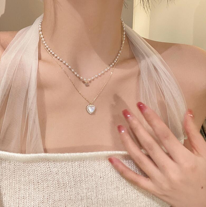 Double Layers Loving Heart Pearl Necklace Women's Clavicle Chain Light Luxury Minority High-Grade Pearl Necklace Ins Style Beaded Necklace