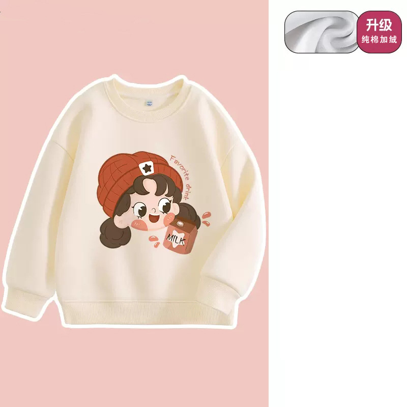 Girls' Fleece-Lined Sweater Cartoon Children's round Neck Top Children's 2023 New Printed Autumn and Winter Thick Winter Clothes