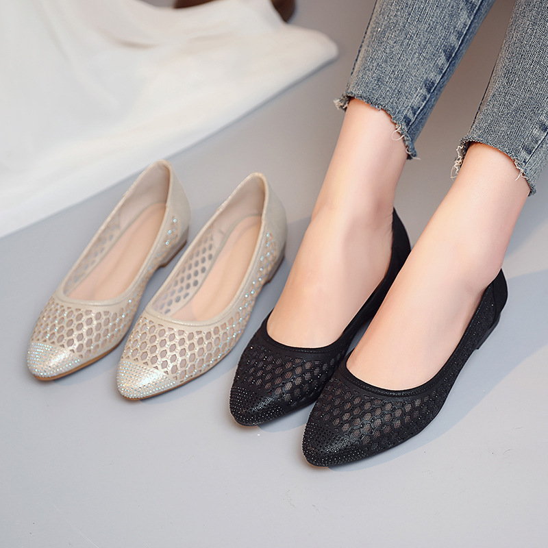 春季软皮时尚女鞋网纱镂空单鞋女平底夏季网面皮鞋水钻妈妈大码鞋