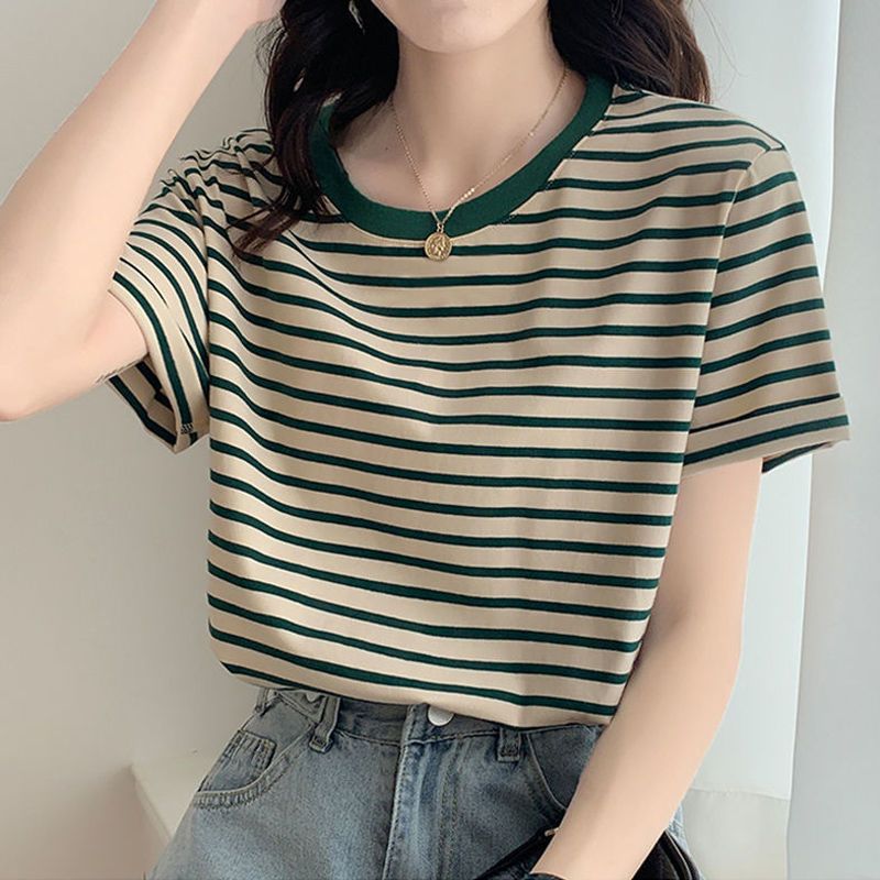 绿色条纹t恤女夏季短袖2024新款宽松圆领百搭体恤半袖上衣服-阿里巴巴