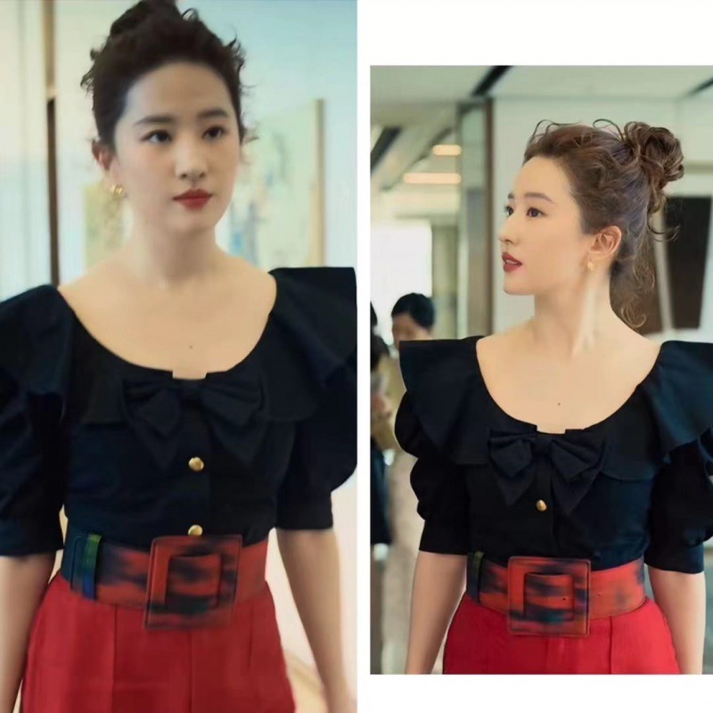 刘亦菲黄亦玫同款黑色蝴蝶结衬衫女复古短款荷叶边上衣-阿里巴巴