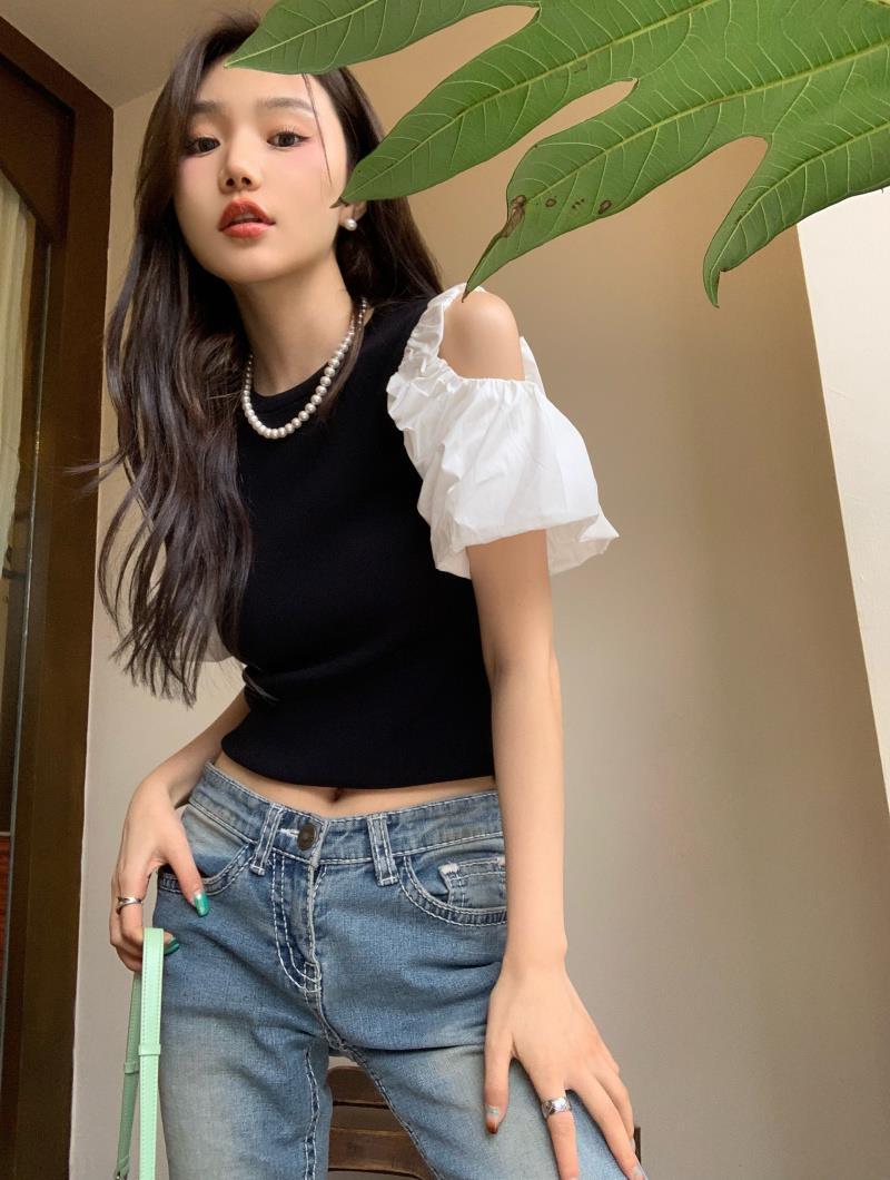 假两件露肩短袖t恤图片