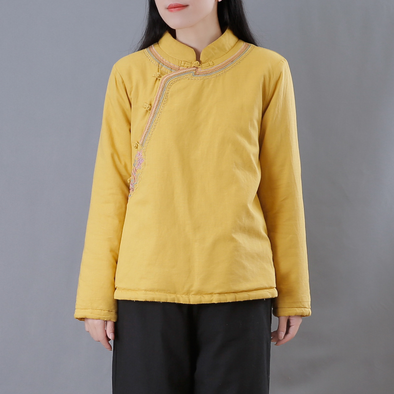 复古斜襟盘扣小棉袄女冬季中国风绣花夹棉加厚茶服短款棉麻棉衣