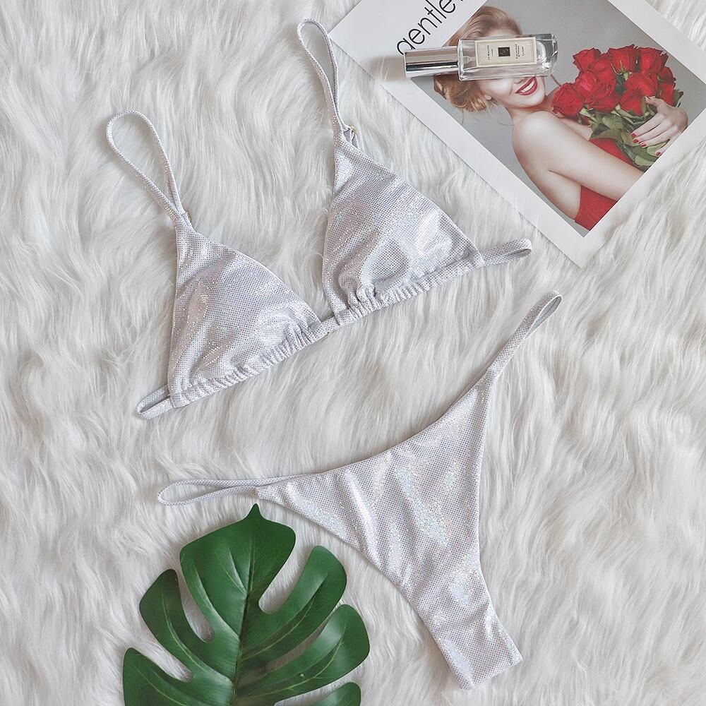 水钻三点式丁字裤比基尼烫金亮面绑带性感情趣泳衣沙滩温泉bikini