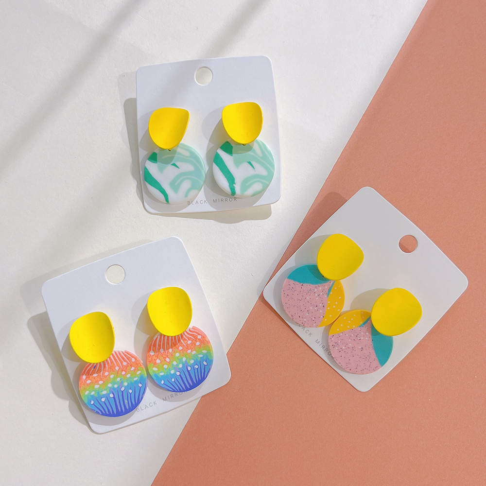 Pinheng Polymer Clay Stud Earrings Small Cute Geometric Pattern round Women's 2022 Polymer Clay Handmade Earrings