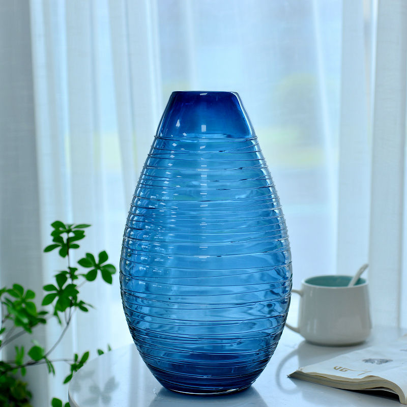 蓝色系列手工玻璃花瓶 客厅装饰花瓶 椭圆玻璃花器家居工艺品花瓶