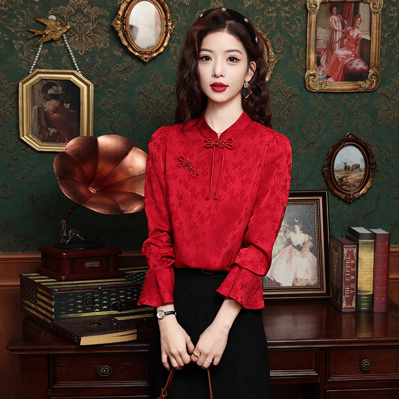 2024春红色衬衫女装红色上衣女款衬衣新年中式上衣国风衬衫女雪纺