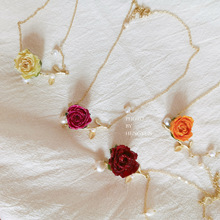 真花玫瑰花项坠 仿珍珠树叶造型项链 气质轻奢新中式项饰
