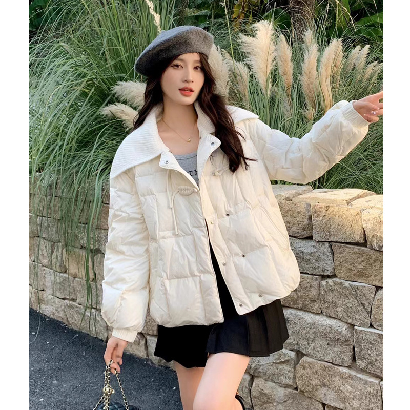 Short down Jacket Women's Winter New Winter Coat Light White Duck down Knitted Collar Retro Buckle National Style