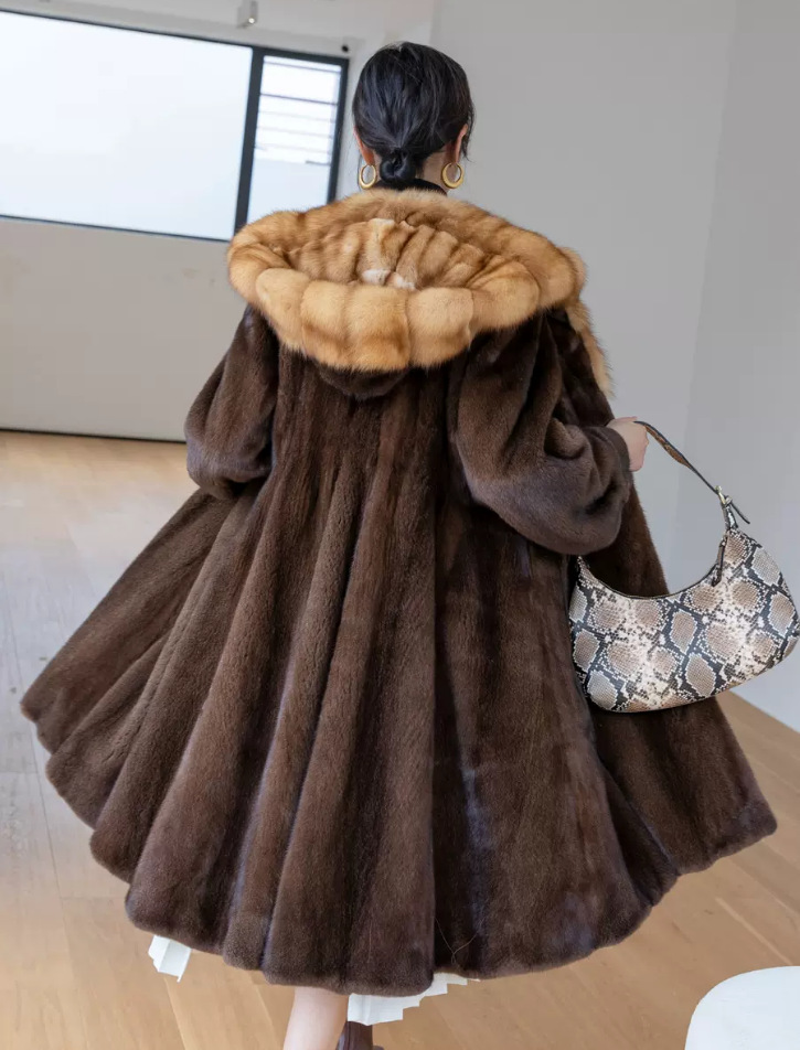 进口貂皮大衣女整貂中长款连帽俄罗斯紫貂水貂皮草外套