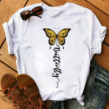 跨境春夏大码蝴蝶图案可爱打底衫半袖卡通白色短袖女T恤