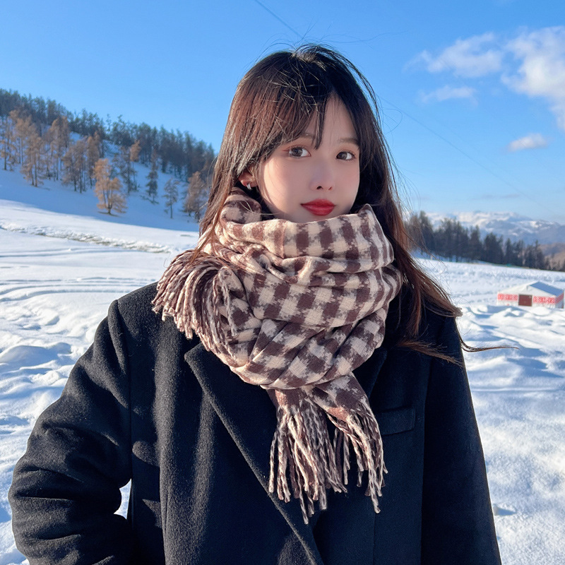 Korean Style Artistic Fresh Scarf Women's Cashmere-like Long Fringe Students Warm-Keeping Scarf Small Rhombus Plaid Couple Shawl