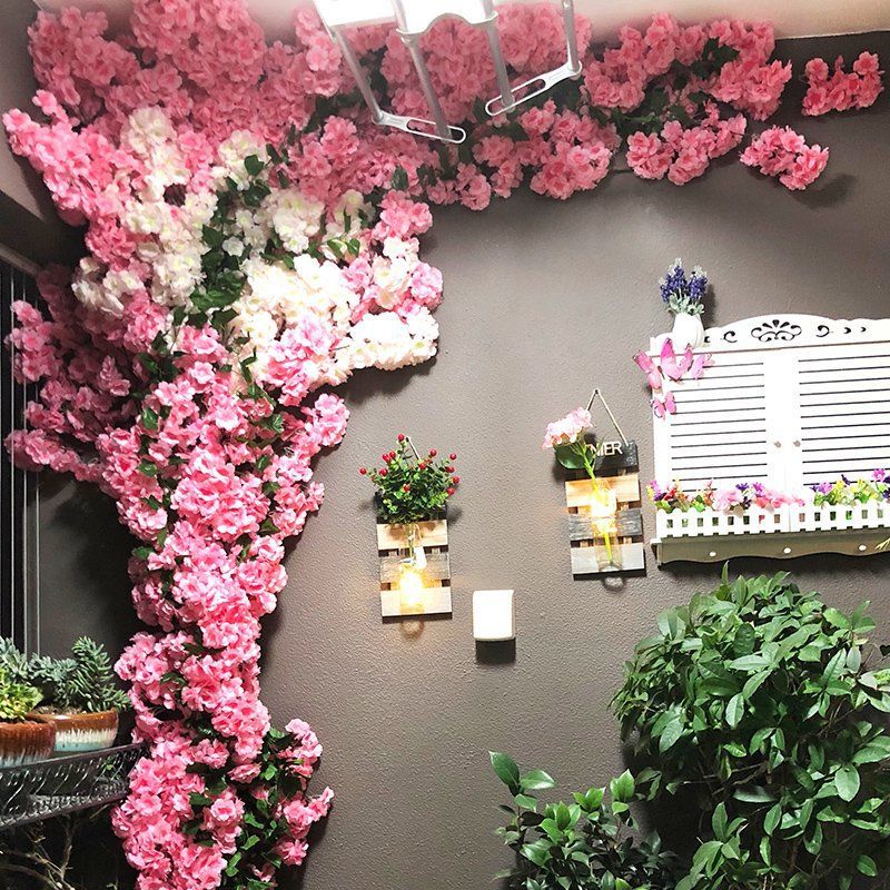 樱花树网红墙面室内客厅装饰塑料植物吊顶空调管遮挡假花藤条