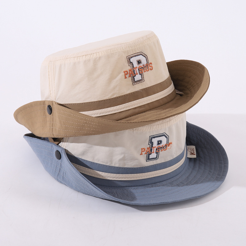 children‘s quick-drying bucket hat embroidery letter p color matching brim turnup brim button bucket hat outdoor camping boys sun hat