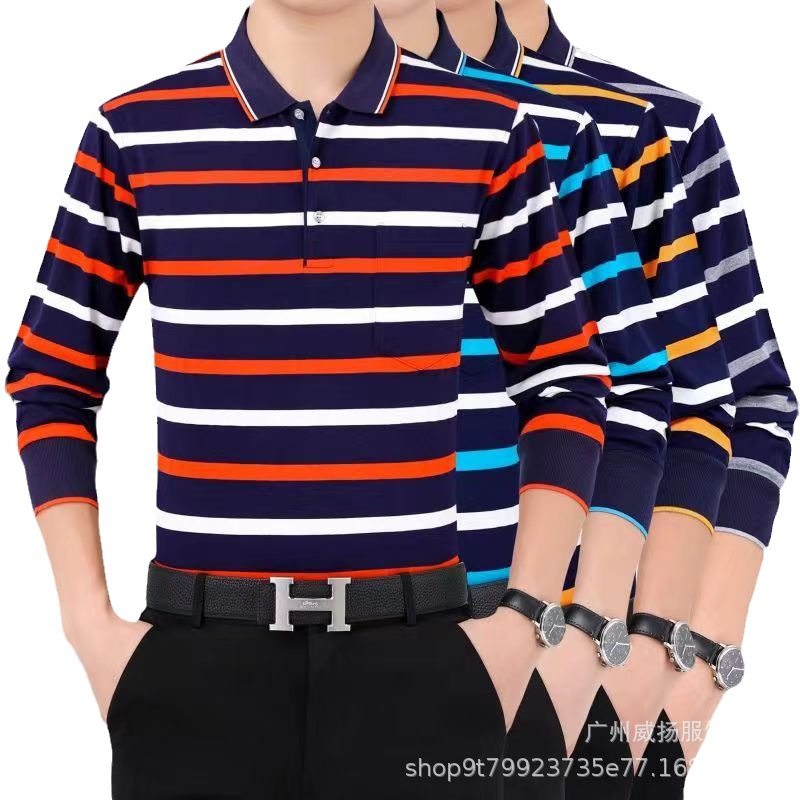 2023 Men's Dad Lapel Long-Sleeved T-shirt Middle-Aged and Elderly Men's Long-Sleeved Autumn and Winter Striped Polo plus Size 95% Cotton T