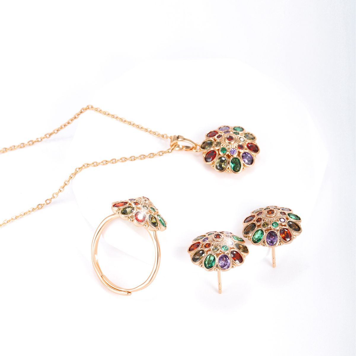xuping jewelry colored gems series colorful oval artificial gemstone ear stud pendant ring three-piece set decorations for women