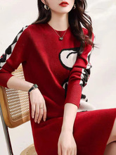 外贸原单品牌剪标女装秋冬温柔系穿搭高端设计感红色洋气连衣裙子