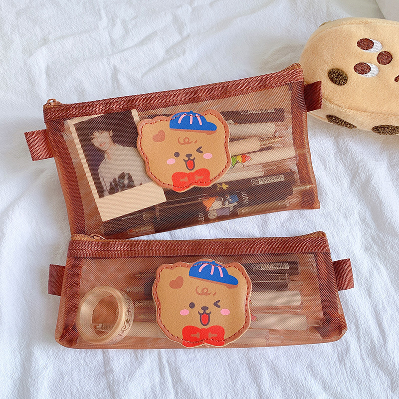 大容量网纱笔袋韩版ins女生卡通透明笔袋大容量学生简约文具盒袋