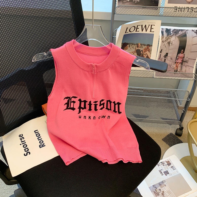 夏季新版短款甜辣风拉链半开胸字母提花背心百搭背心针织女-阿里巴巴