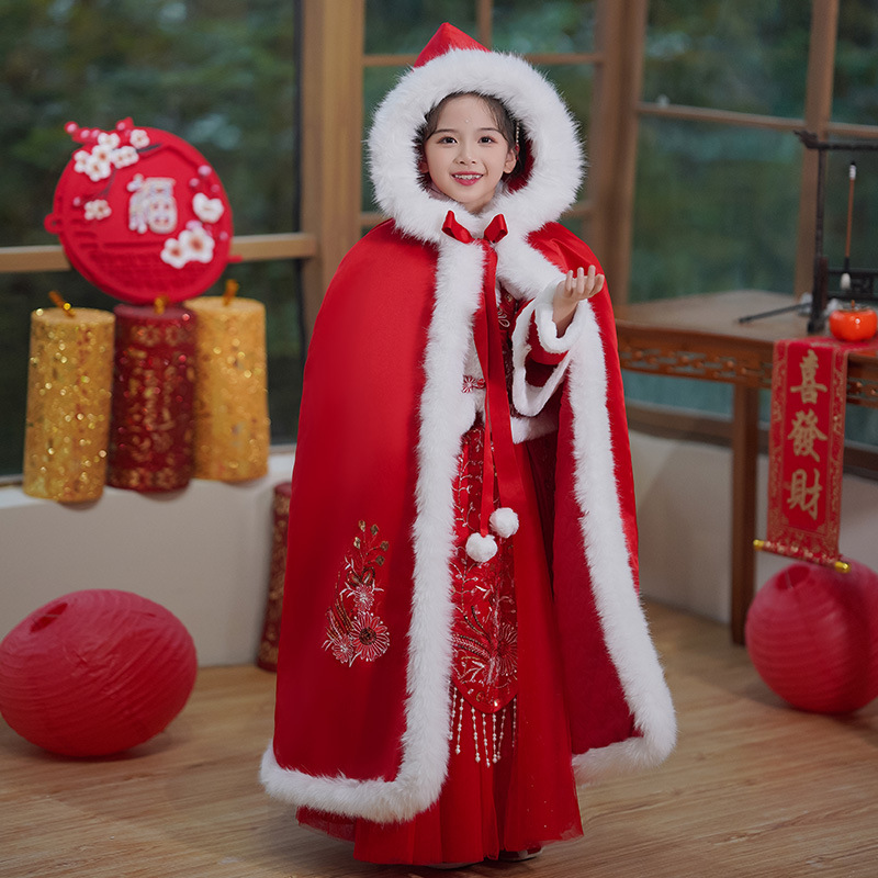 Children's Shawl Cloak Windproof When Going out Warm Hooded Girls' New Year Greeting Hanfu Ancient Costume Cloak Chinese Style Winter New
