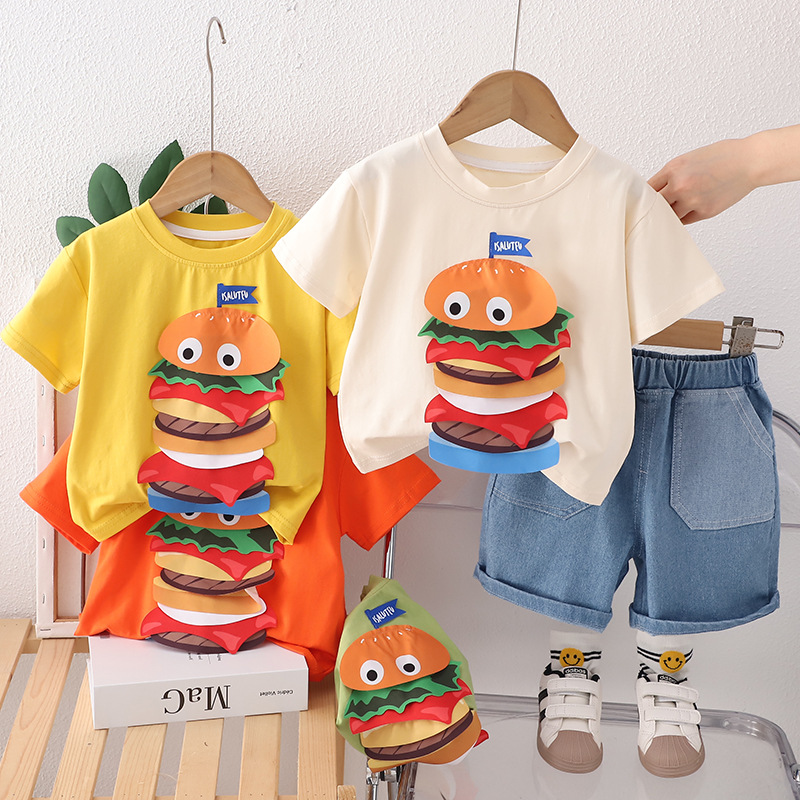 2024 New Summer Boys' Three-Dimensional Hamburger Kids Clothes Two-Piece Suit Children's Suit Infant Summer Fashion Hair Generation