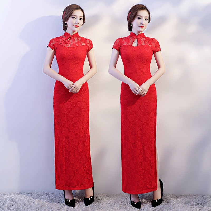 礼仪服装女迎宾颁奖礼服秋冬红色长款外嫁女回娘家走秀演出服旗袍