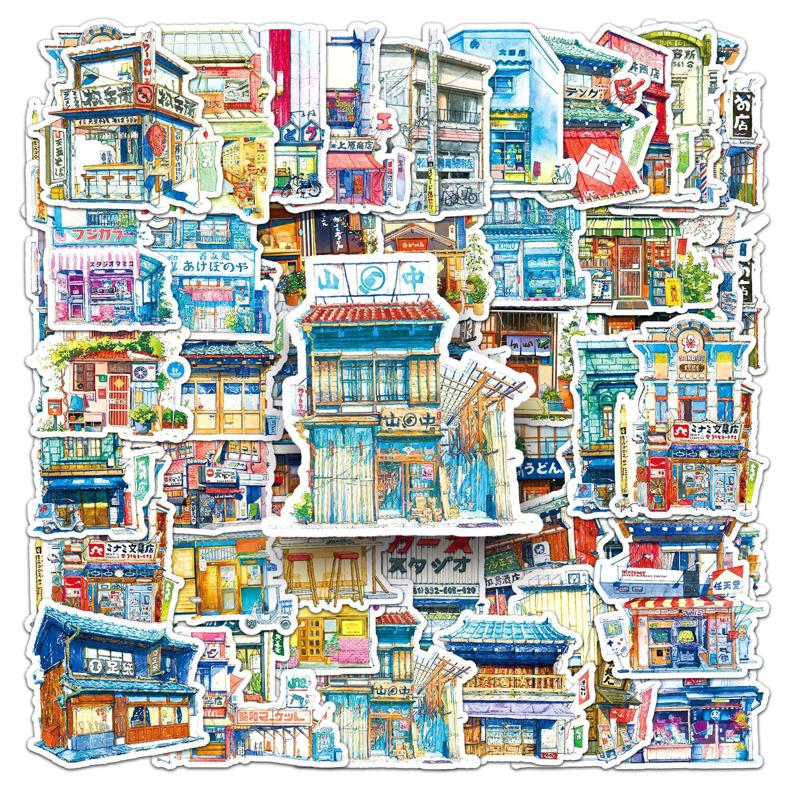 50张日式复古街边小店涂鸦个性跨境热卖手绘防水装饰行李箱贴纸