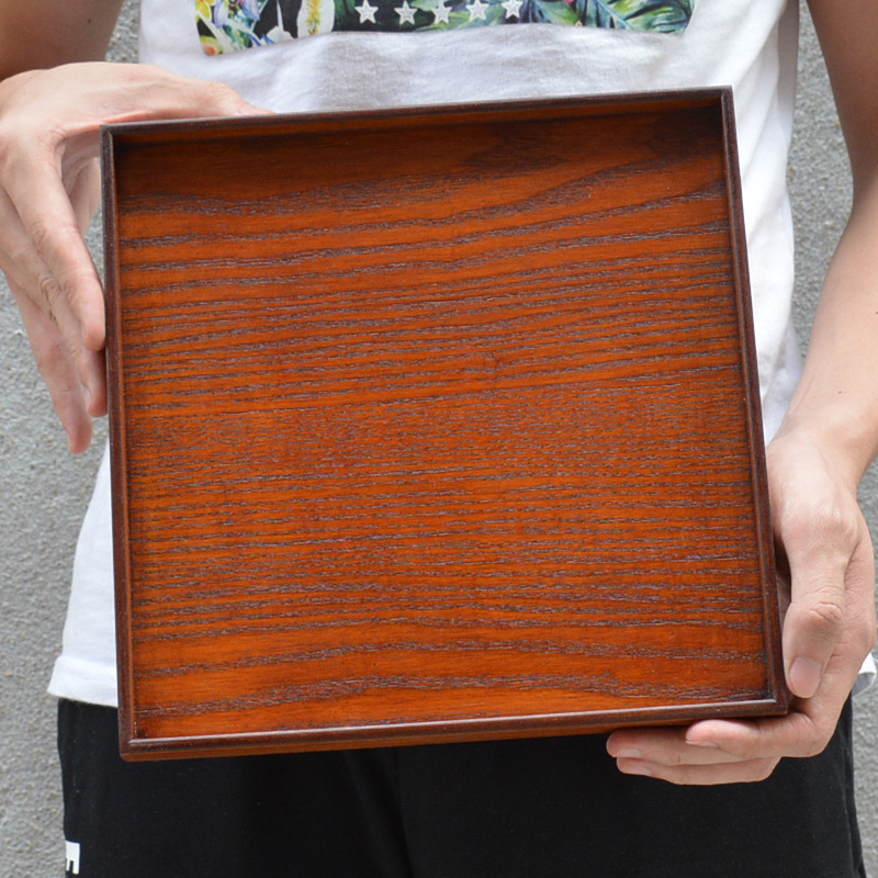 日式方形托盘茶盘 木质茶水杯托 平餐盘四方小果盘大号正方形木盘