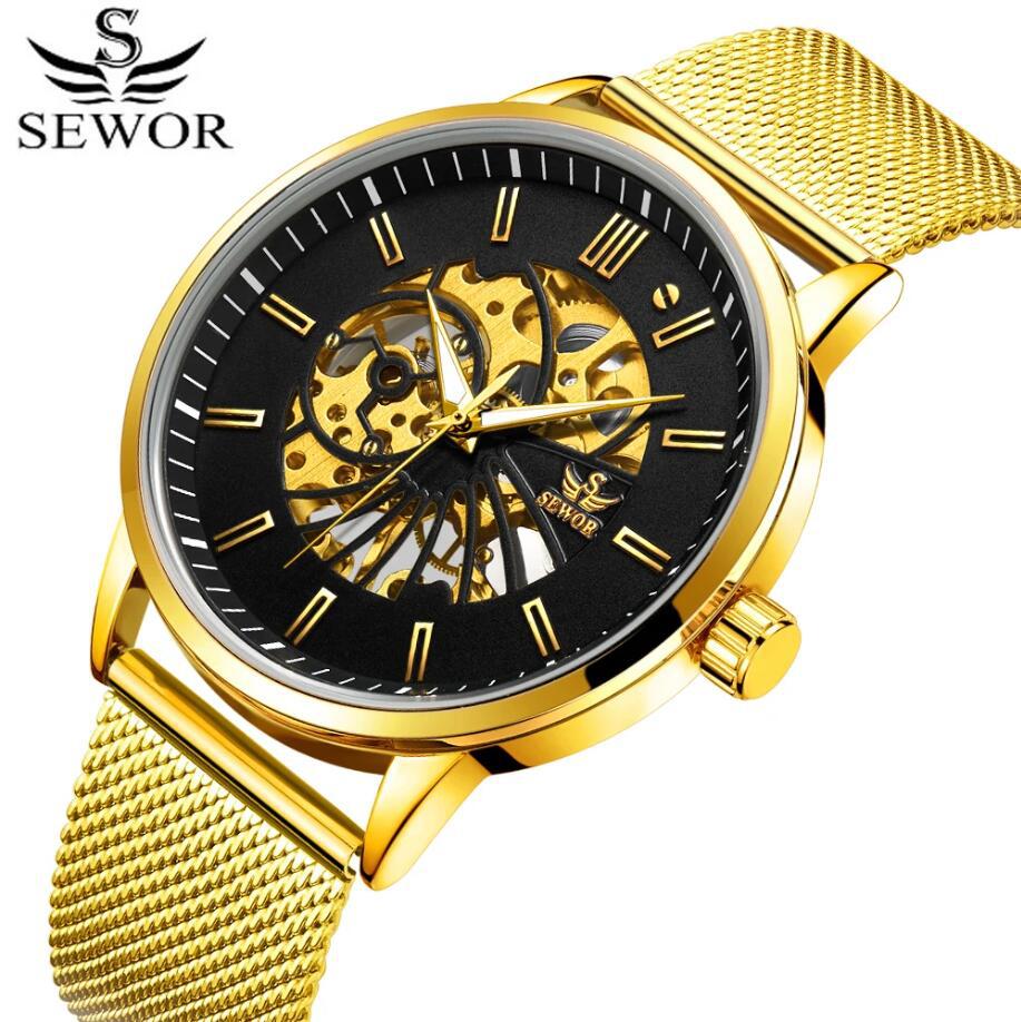 sewor思沃奇男士机械表 防水镂空手动机械表网钢带表