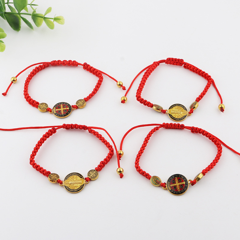 欧美新款复古圆牌十字架手链女ins民族小众手工编织串珠手链外贸