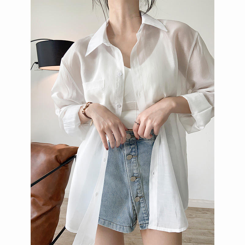 白色雪纺防晒衬衫女夏薄款微透衬衣宽松慵懒设计感小众上衣可代发