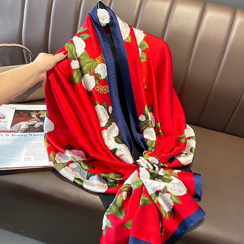 Spring and Summer New Printed Flower Scarf Shawl Artificial Silk Elegant Scarf plus-Sized Dual-Use Beach Towel