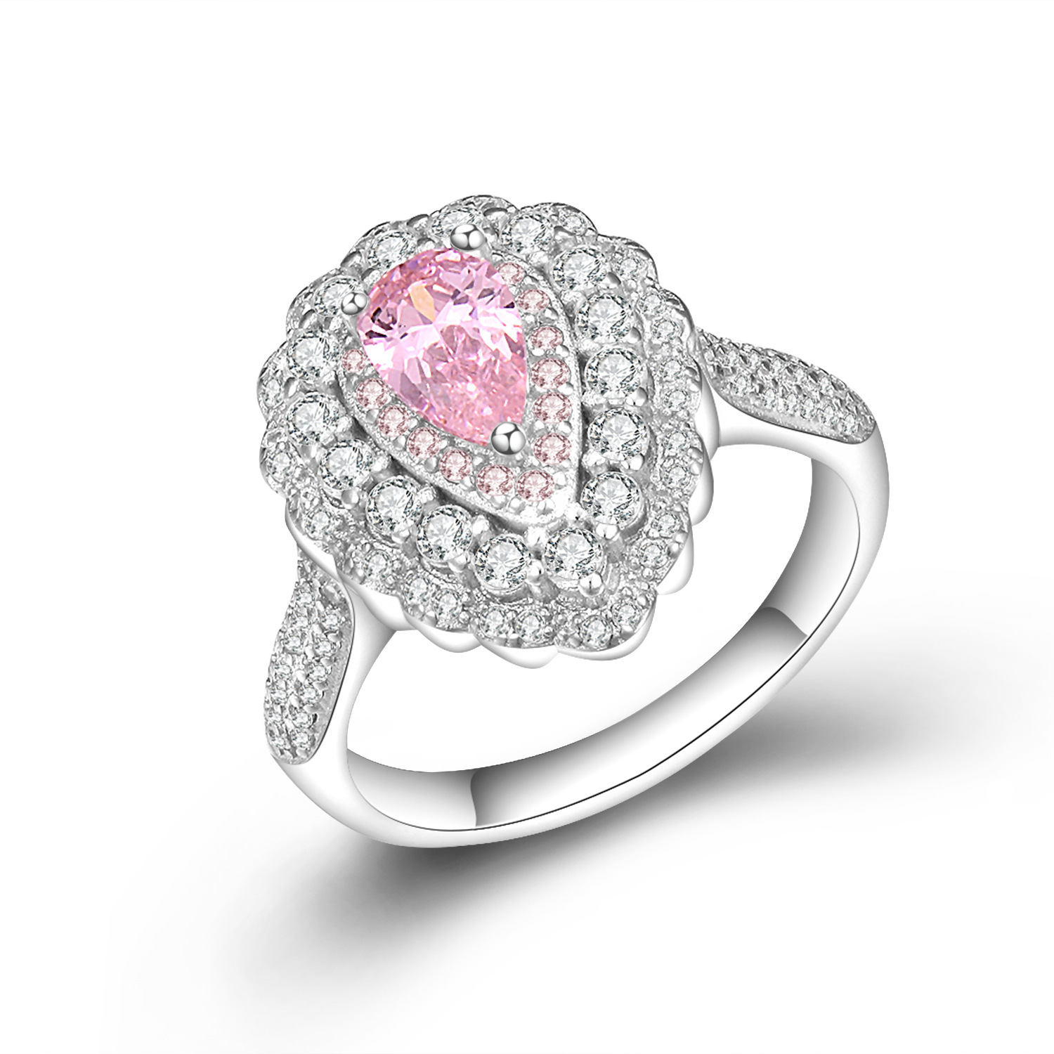 跨境热销粉钻戒指彩钻钻石女戒马眼榄形夸张女仿真戒指群镶水滴形