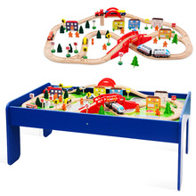 大型木制桌面轨道车套装儿童玩具跨镜磁性小火车城市木制轨道玩具