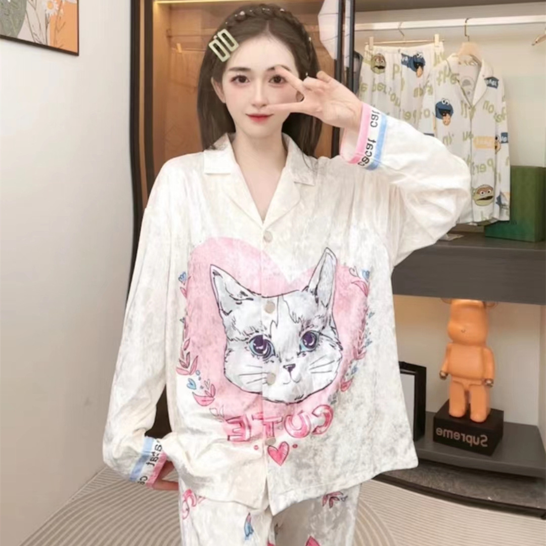 秋冬季睡衣女翻领卡通猫咪金丝绒睡衣女金钻绒开衫家居服套可外穿