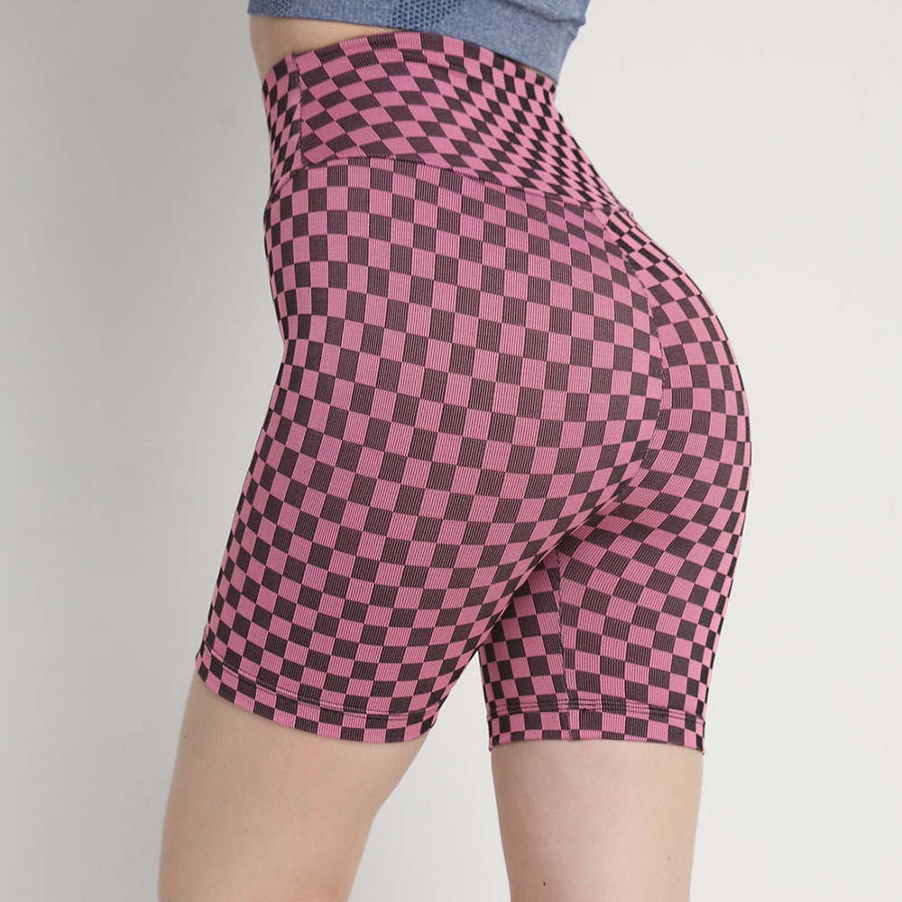 European and American Seamless Knitted Chessboard Houndstooth Yoga Pants Women's Pleated Peach Hip Sports Quick-Drying Tight Shorts