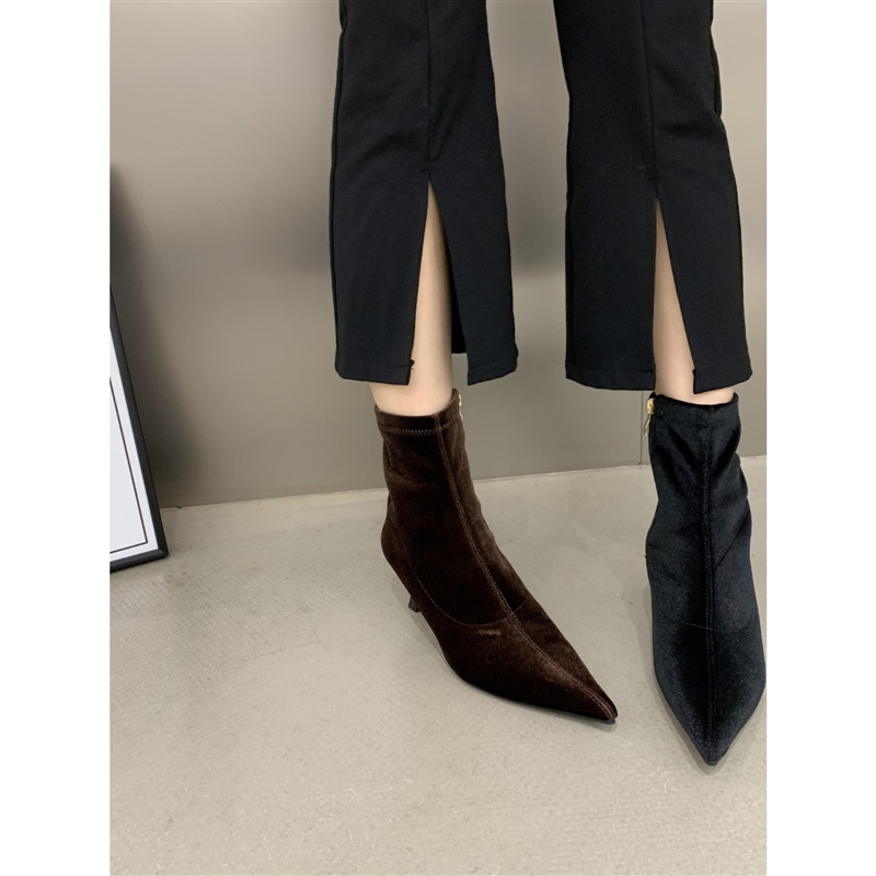 时尚中筒短靴女细跟金丝绒瘦瘦靴斜拉链秋冬气质高跟鞋2023年新款