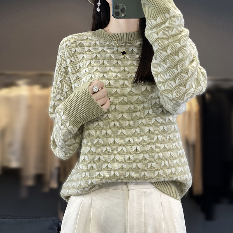 2023秋冬新款纯羊毛衫女双色蝴蝶慵懒风宽松毛衣纯色长袖针织衫潮