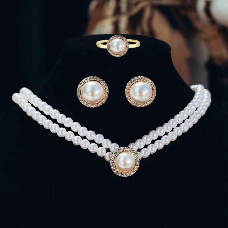 Bridal Toast Clothing Pearl Double-Layer Clavicle Chain Rhinestone round Pearl Earrings Necklace 3 Sets Wedding Tie Accessories