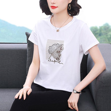 白色刺绣设计感条纹印花短袖T恤女2024夏季新款时尚百搭显瘦上衣