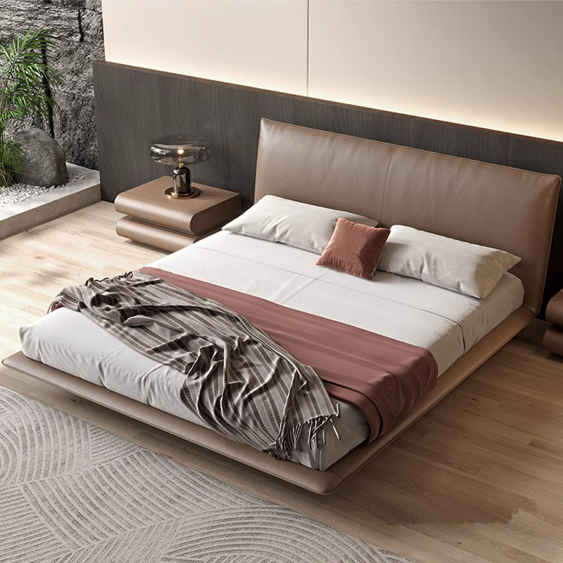 意式真皮悬浮床现代简约高档主卧双人床侘寂风新款薄床头软包床