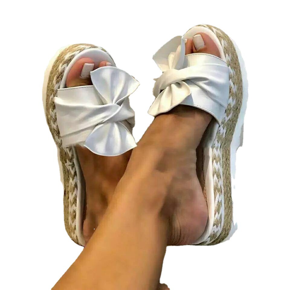 Foreign Trade Large Size Women's Shoes One-Word Sandals Women's Outer Wear European and American Summer Wedge Bow Slippers Women's Beach Sandals