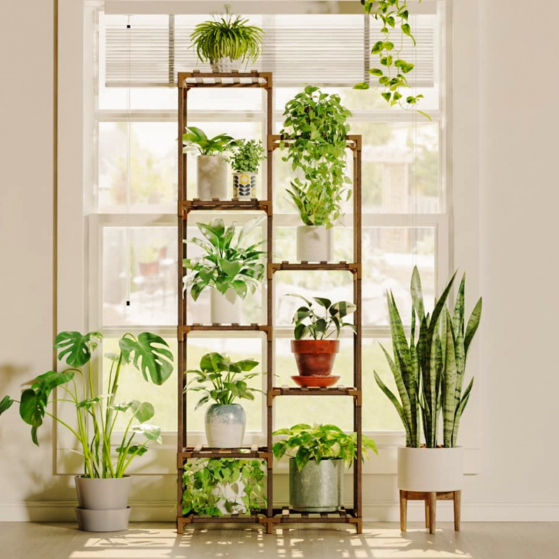实木花架置物架多层阳台花架子碳化桉木花架工厂直销plant stand