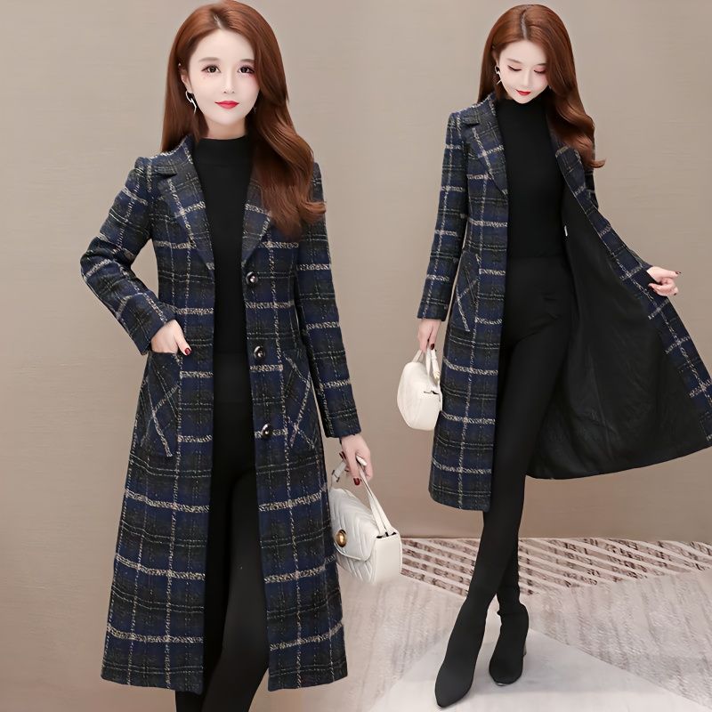 冬装格子毛呢外套中长款韩版宽松大衣今年流行女士风衣2023新款