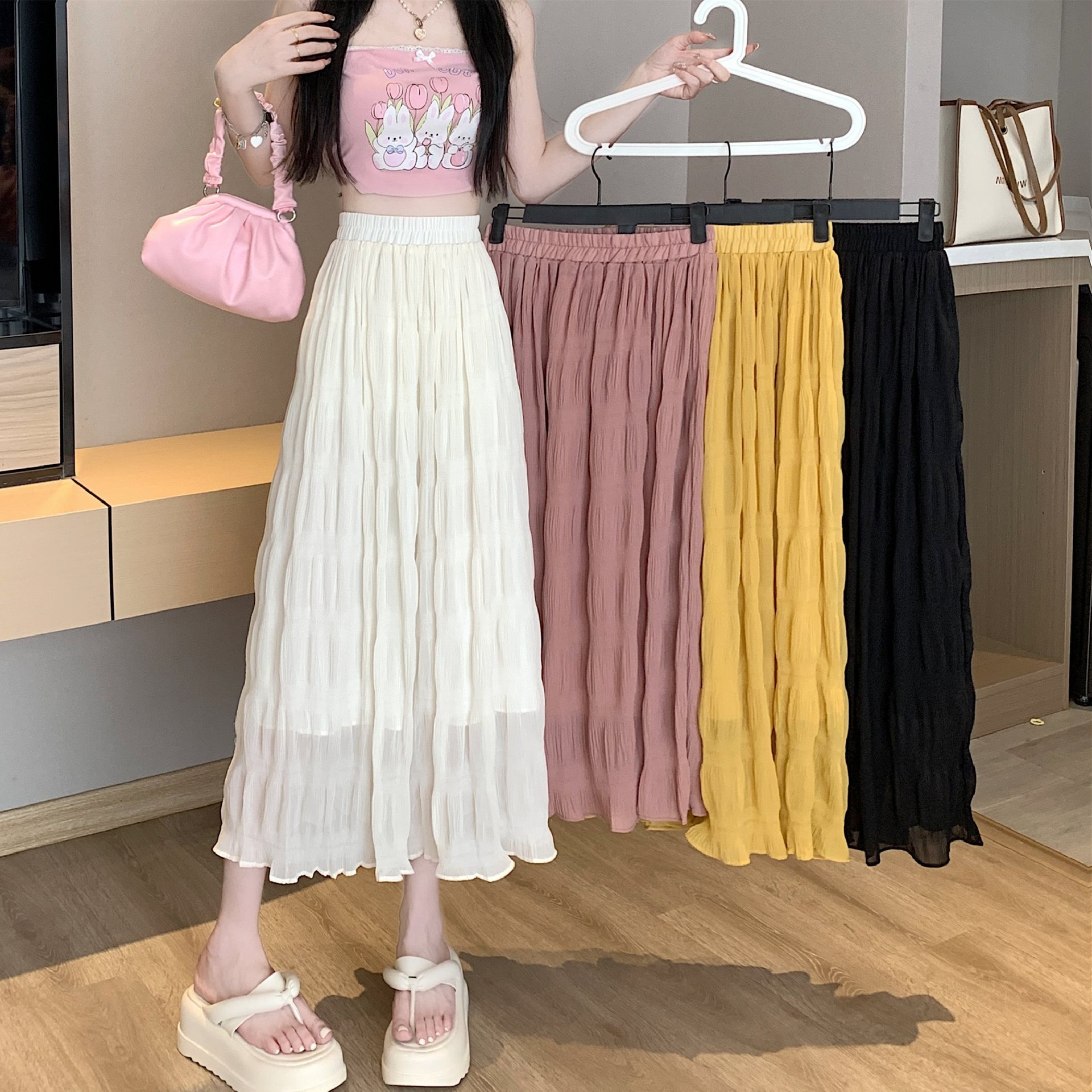 大码松紧腰褶皱长款半身裙长裙女夏季2024新款小个子高腰雪纺裙子