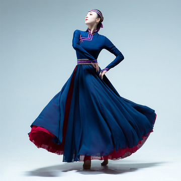 蒙古舞蹈演出服装女款草原民族风大裙摆连衣群蒙族艺考舞台表演服