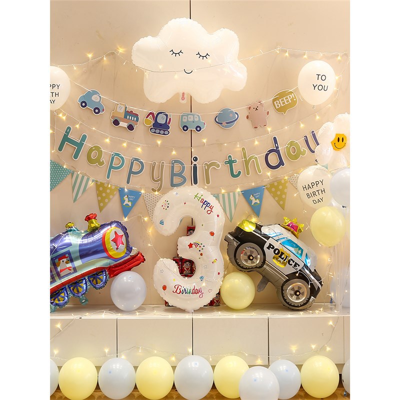 男孩宝宝生日3周岁派对布置火车警车主题儿童气球背景墙场景装饰