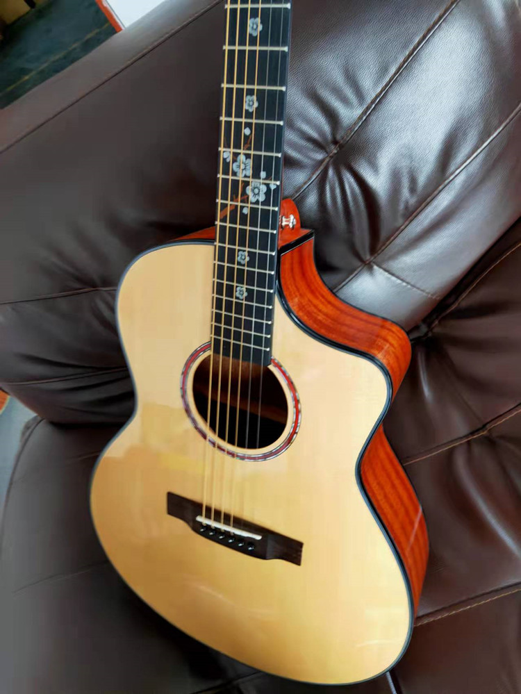 鹿鸣36寸亮光面单吉他 38寸云杉桃花芯缺角单板 民谣吉他批发