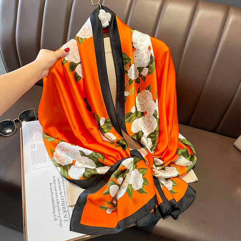 Spring and Summer New Printed Flower Scarf Shawl Artificial Silk Elegant Scarf plus-Sized Dual-Use Beach Towel