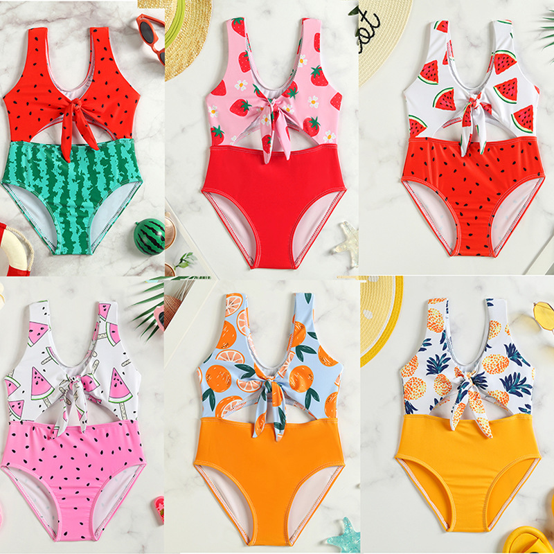 新款跨境儿童泳衣可爱连体卡通草莓蝴蝶结小童比基尼镂空三角泳装
